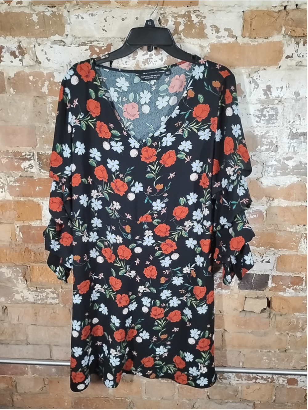 Dorothy Perkins Womens 14 Black Floral Ruffle Sleeve Midi Dress